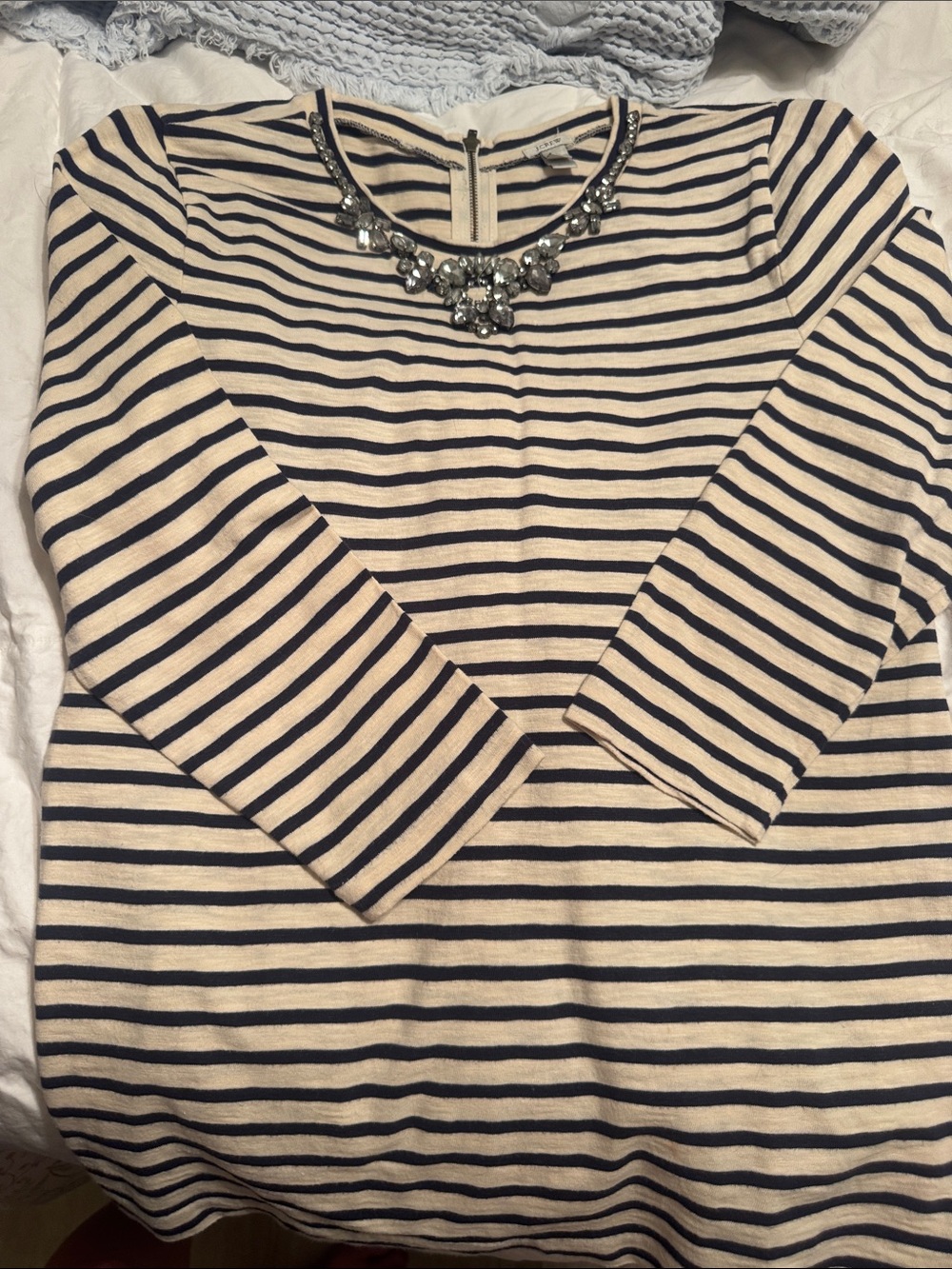 J. Crew Navy and Cream Striped Tunic with Jeweled Neckline